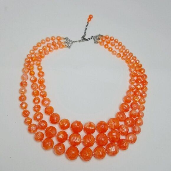 Vintage Bright Orange Three Strand Graduated Size Beaded Necklace, Adjustable - Picture 2 of 8